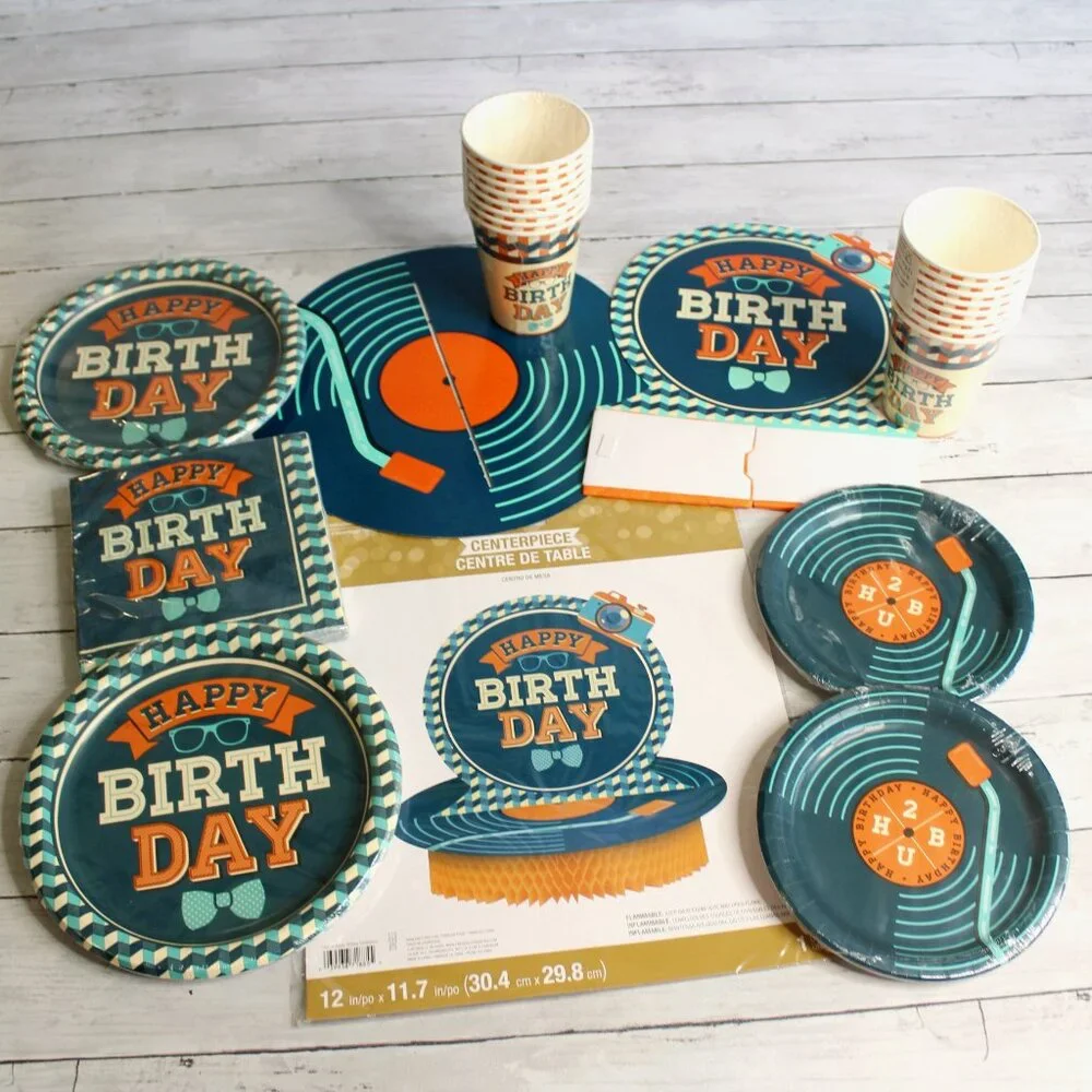 Men's Hipster Birthday Paper Plates Cups Party Supplies Vintage Retro